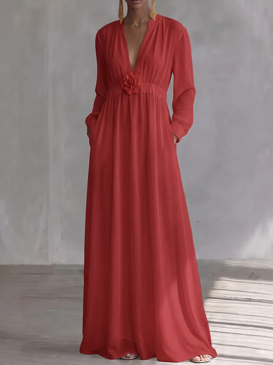 Pockets Pleated Long Neck Maxi Dress