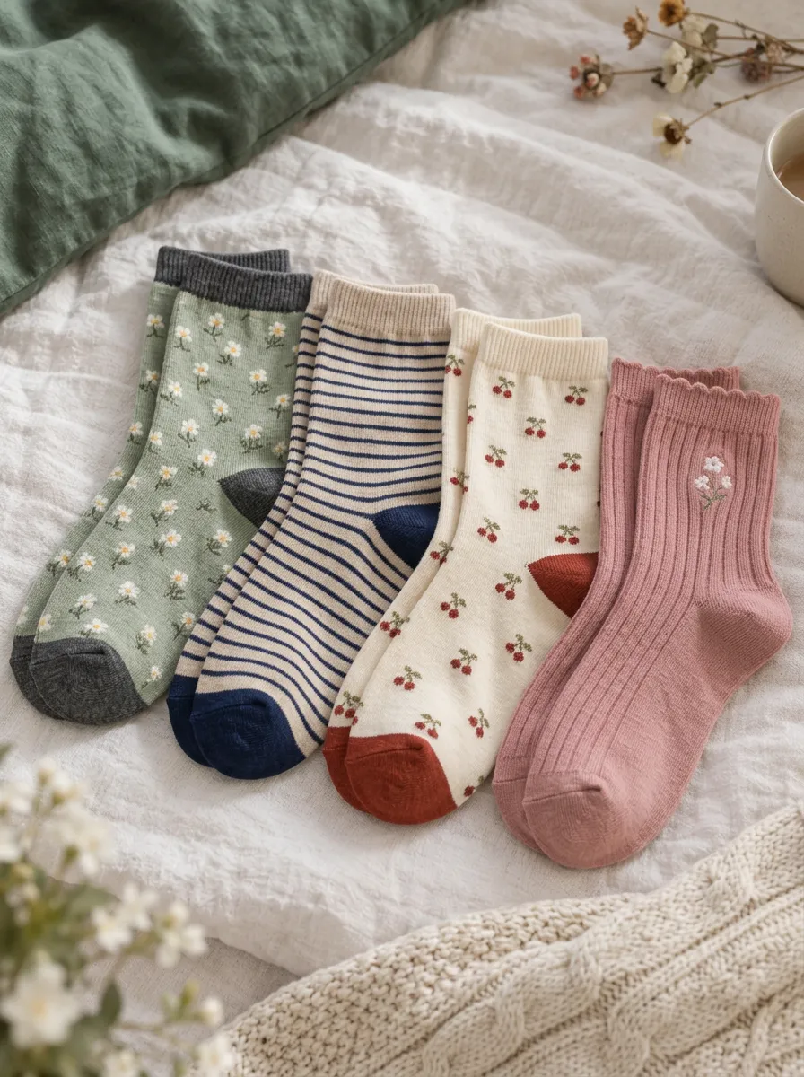 Women's Floral Cherry Striped Pattern Printed Socks Set