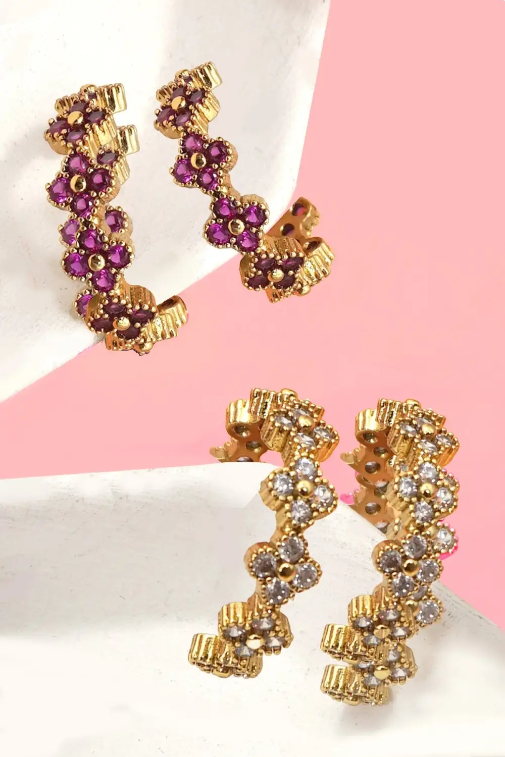 Floral Clover Rhinestone Semi Hoop
