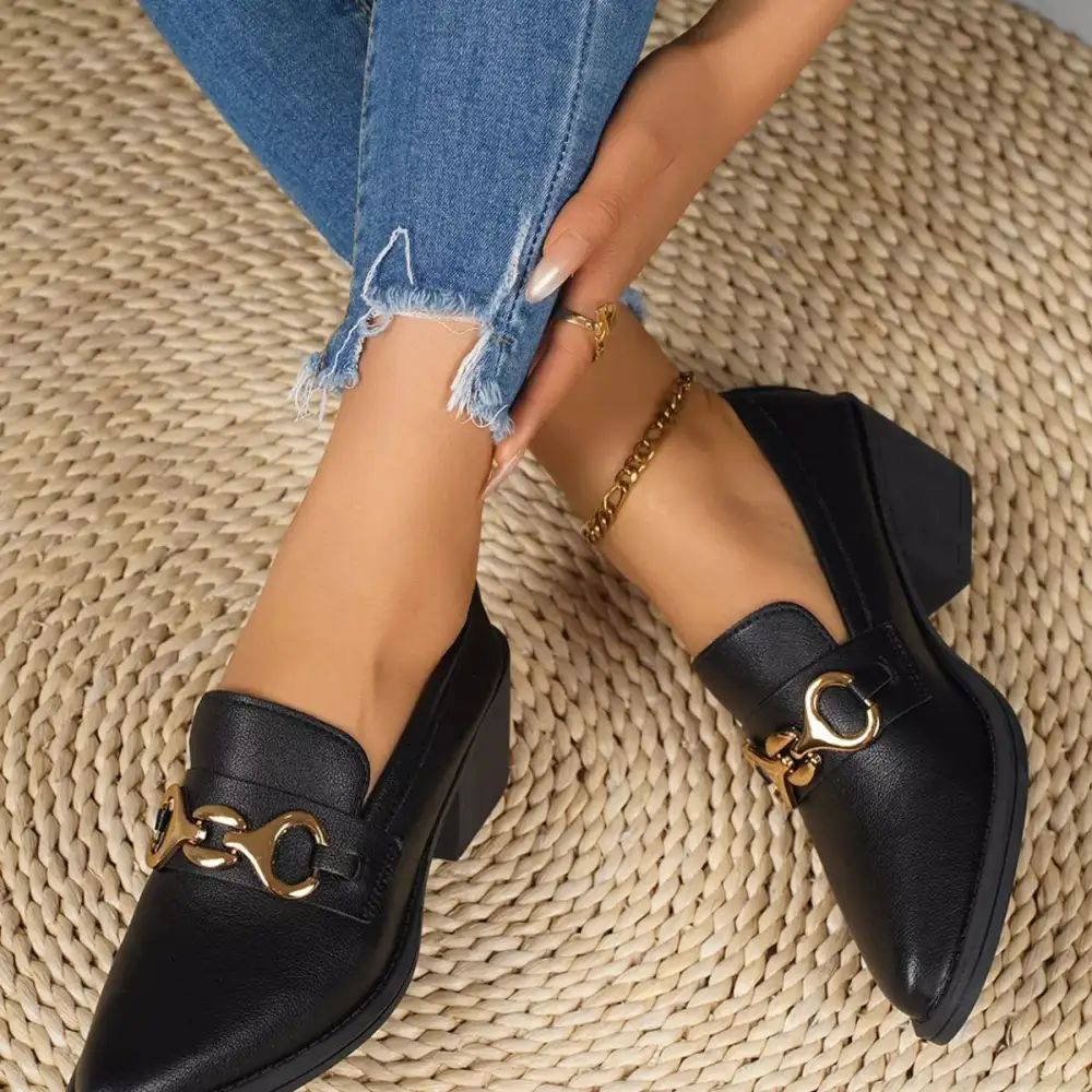 Textured Pointed Toe Block Heel Loafers