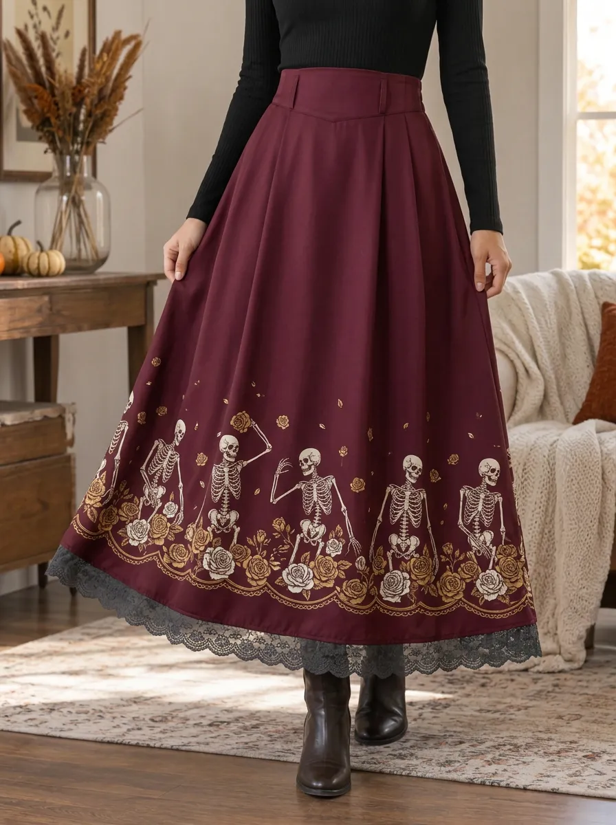 Women's Halloween Gothic Skeleton Rose Printed Lace Hem Skirt