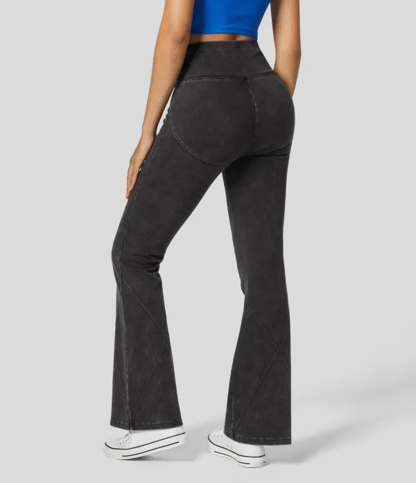 Magic High Waisted Button Top-stitching Washed Stretchy Knit Casual Flare Jeans