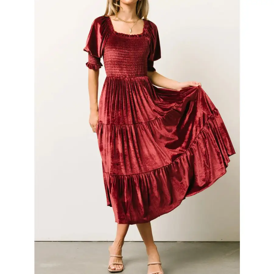 Smocked Half Sleeve Tiered Midi Dress