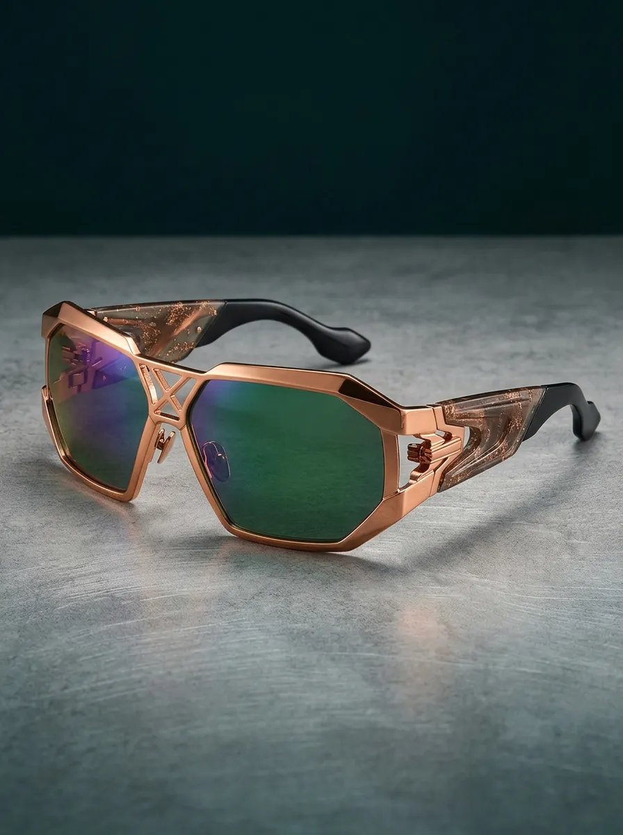 Unisex Futuristic Geometric Rose Gold Mirrored Sunglasses