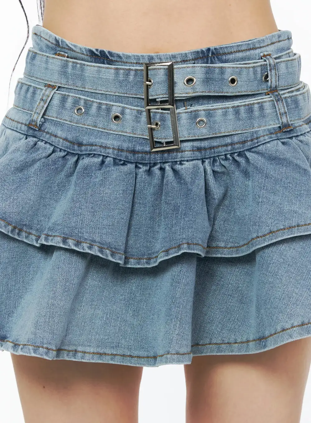 Tiered Ruffle Denim Mini Skirt