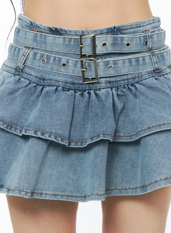Tiered Ruffle Denim Mini Skirt