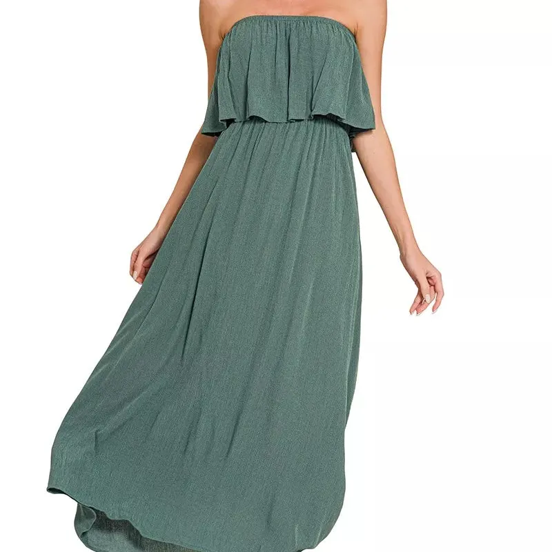 Woven Crinkle Strapless Maxi Dress