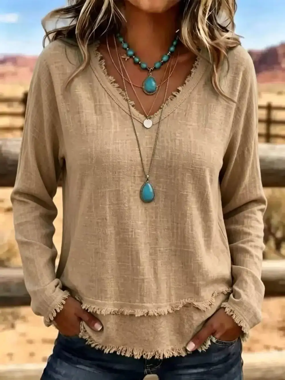 Long Sleeve V-Neck Frayed Hem Blouse