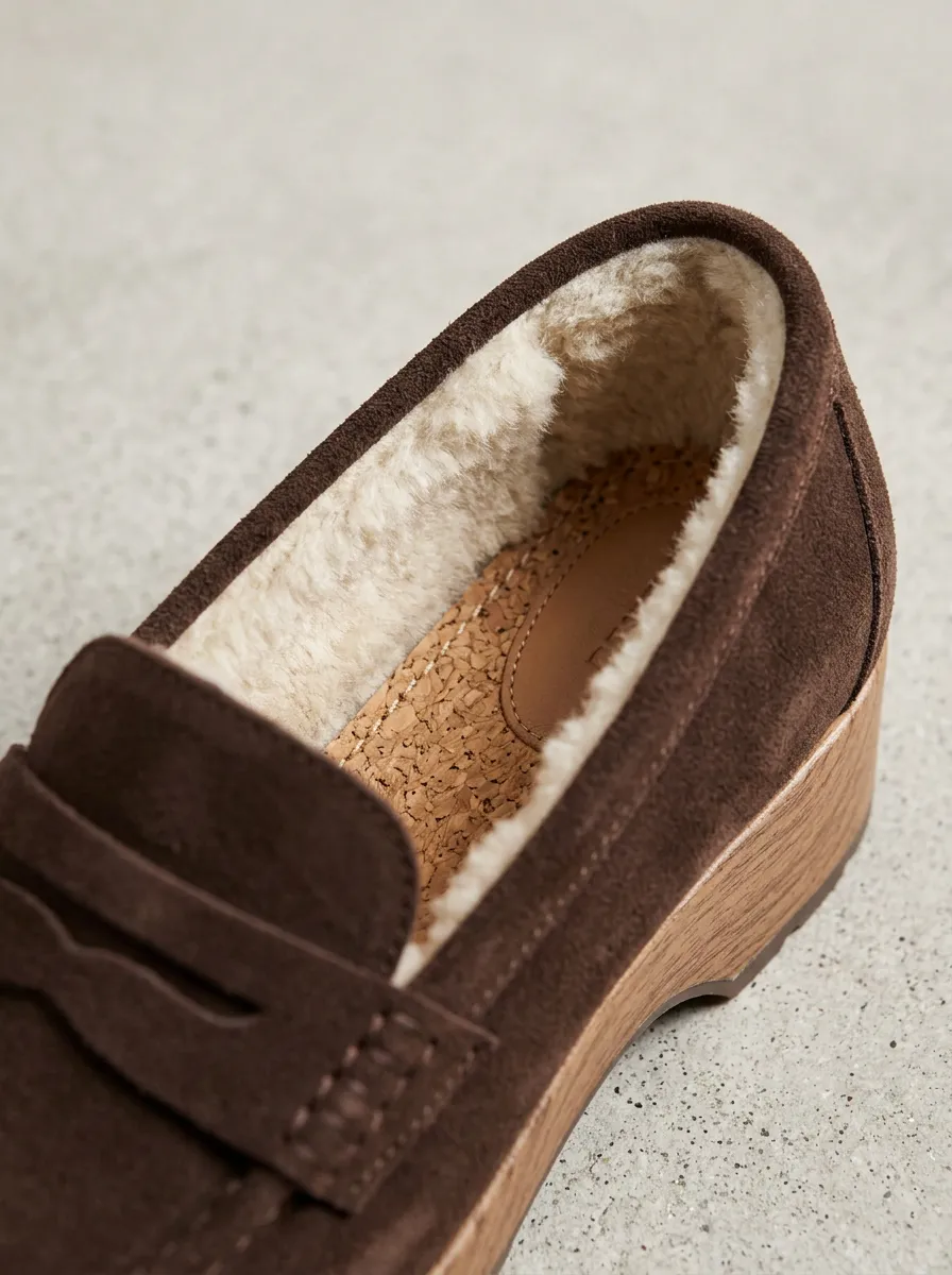Women's Urban Faux Fur Lined Platform Suede Wood Sole Loafers