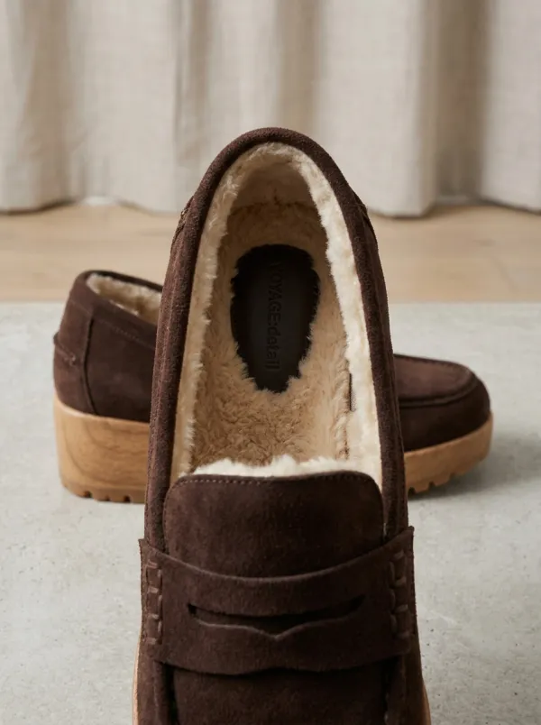 Women's Utility Faux Fur Lined Platform Suede Wood Sole Loafers