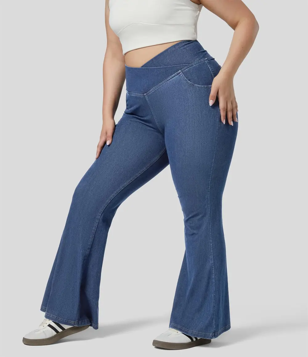 Magic High Waisted Crossover Pocket Cool Touch Breathable Washed Stretchy Knit Plus Size Casual Super Flare Jeans