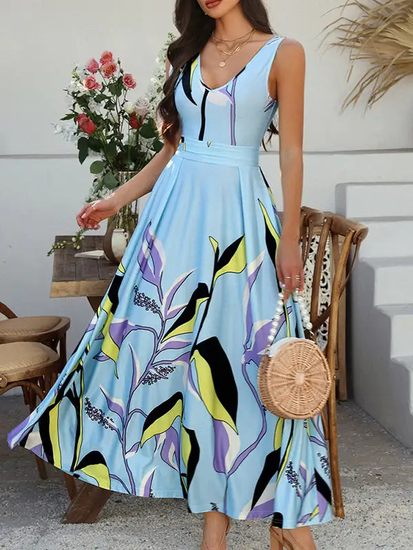 Waisted Pleated Printed Neck Maxi Dress