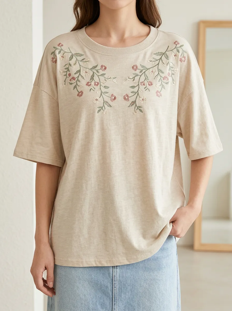 Casual Style Floral Print Embroidered Detail Women's Short Sleeve Jersey Tee