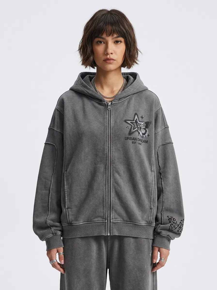 Women's Streetwear Urban Dream Butterfly Star Printed Zip-up Hoodie
