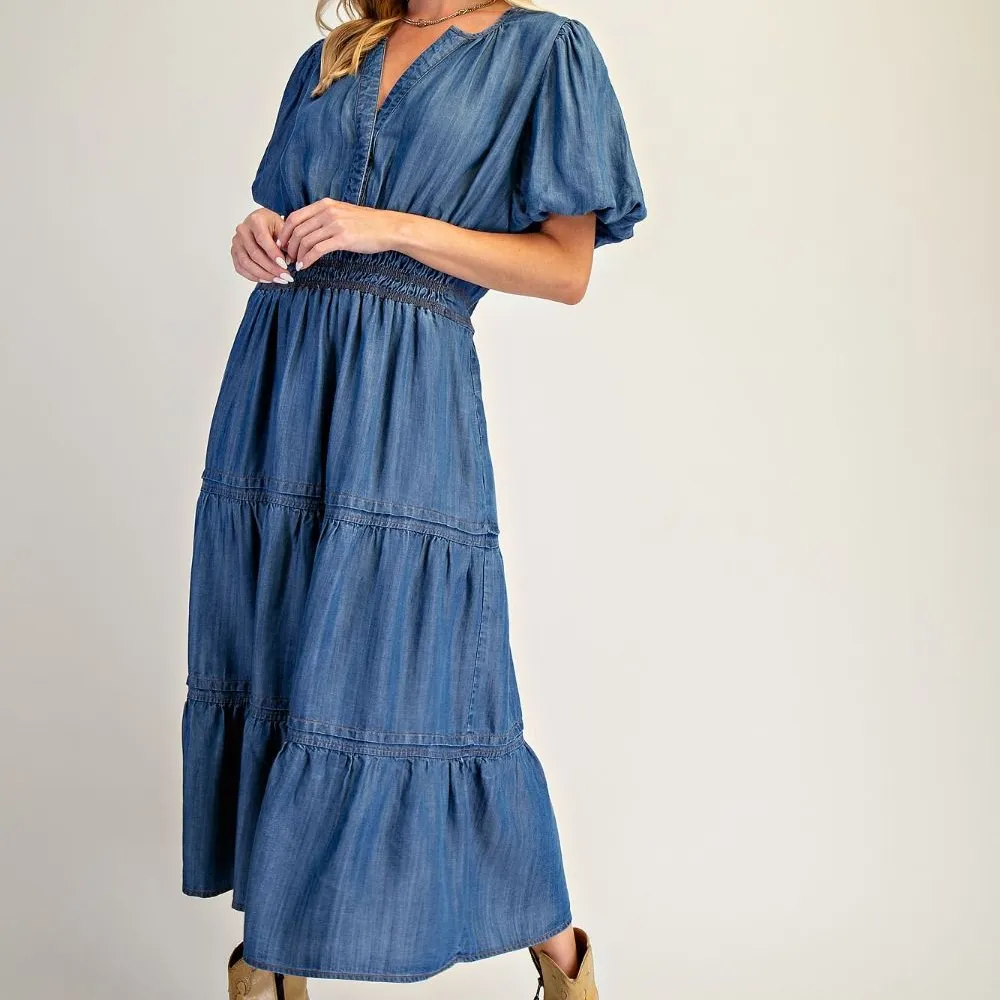 Denim Tiered Puff Sleeve Dress