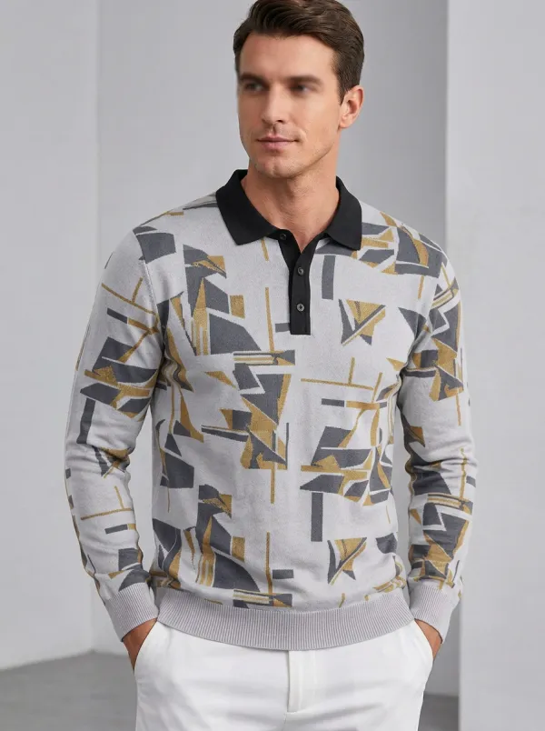 Men's Geometric Pattern Printed Long Sleeve Polo Shirt Everyday Design