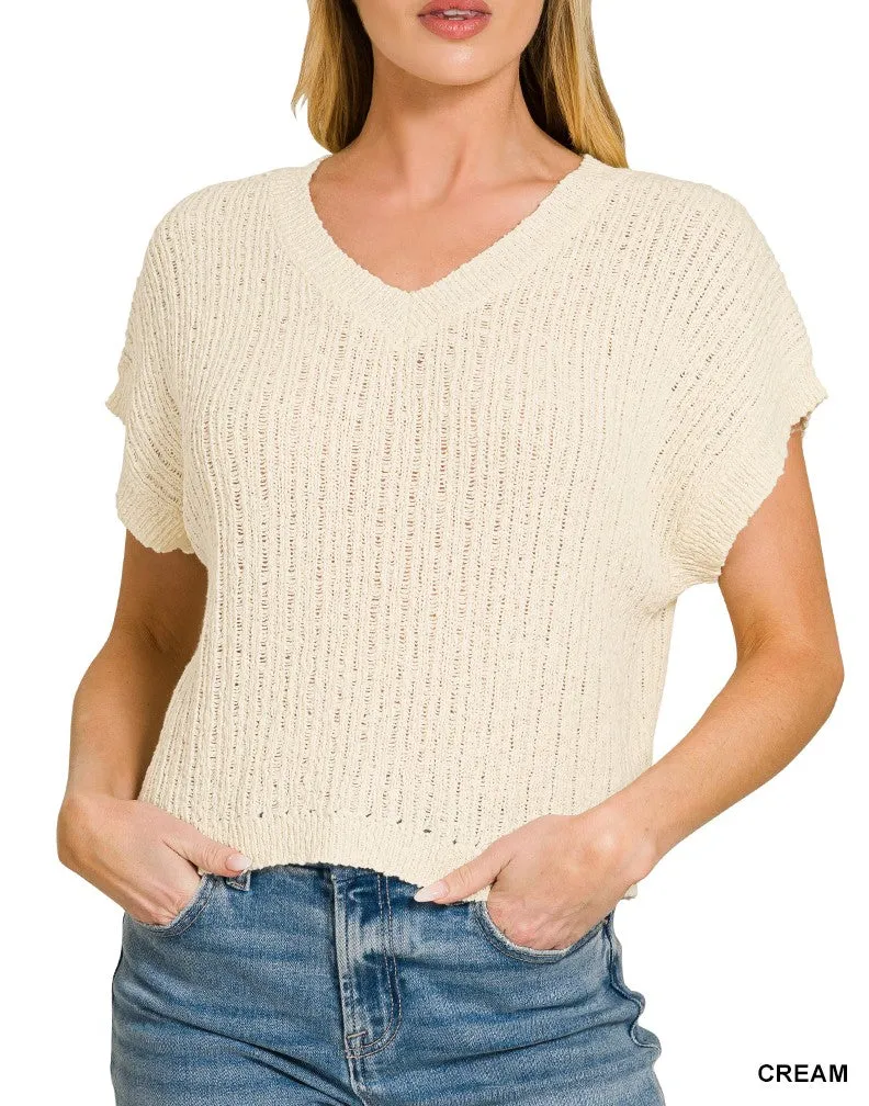 Essential V-Neck Textured Cropped Sweater