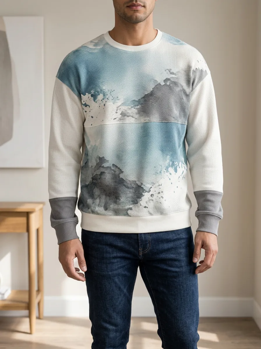 Men's Abstract Landscape Watercolor Printed Waffle Knit Sweatshirt