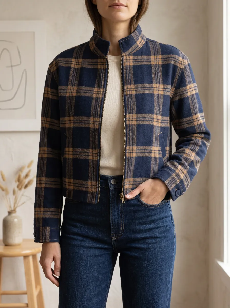 Women's Textured Streamlined Plaid Stand Collar Cropped Jacket
