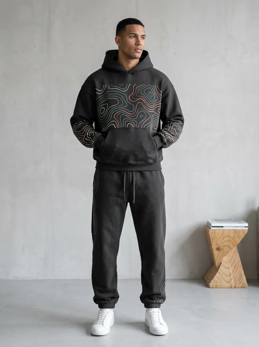 Men's Outdoor Enthusiast Topographic Map Printed Hoodie Sweatsuit