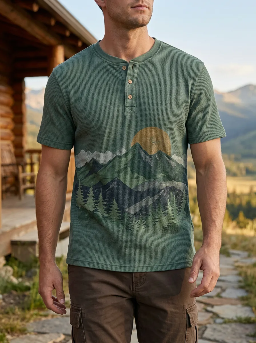 Men's Contemporary Nature Lover Mountain Forest Sunset Henley T-Shirt