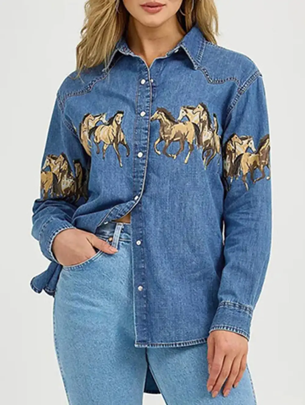 Retro Denim Collared Shirt and Printed Denim Jacket