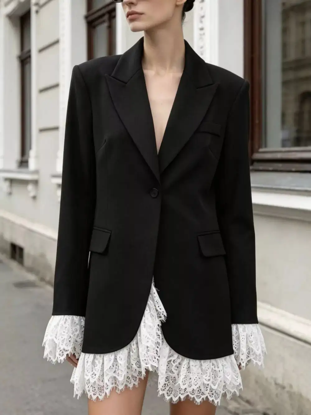 Single-Button Lace-Detail Lace-Hem Blazer