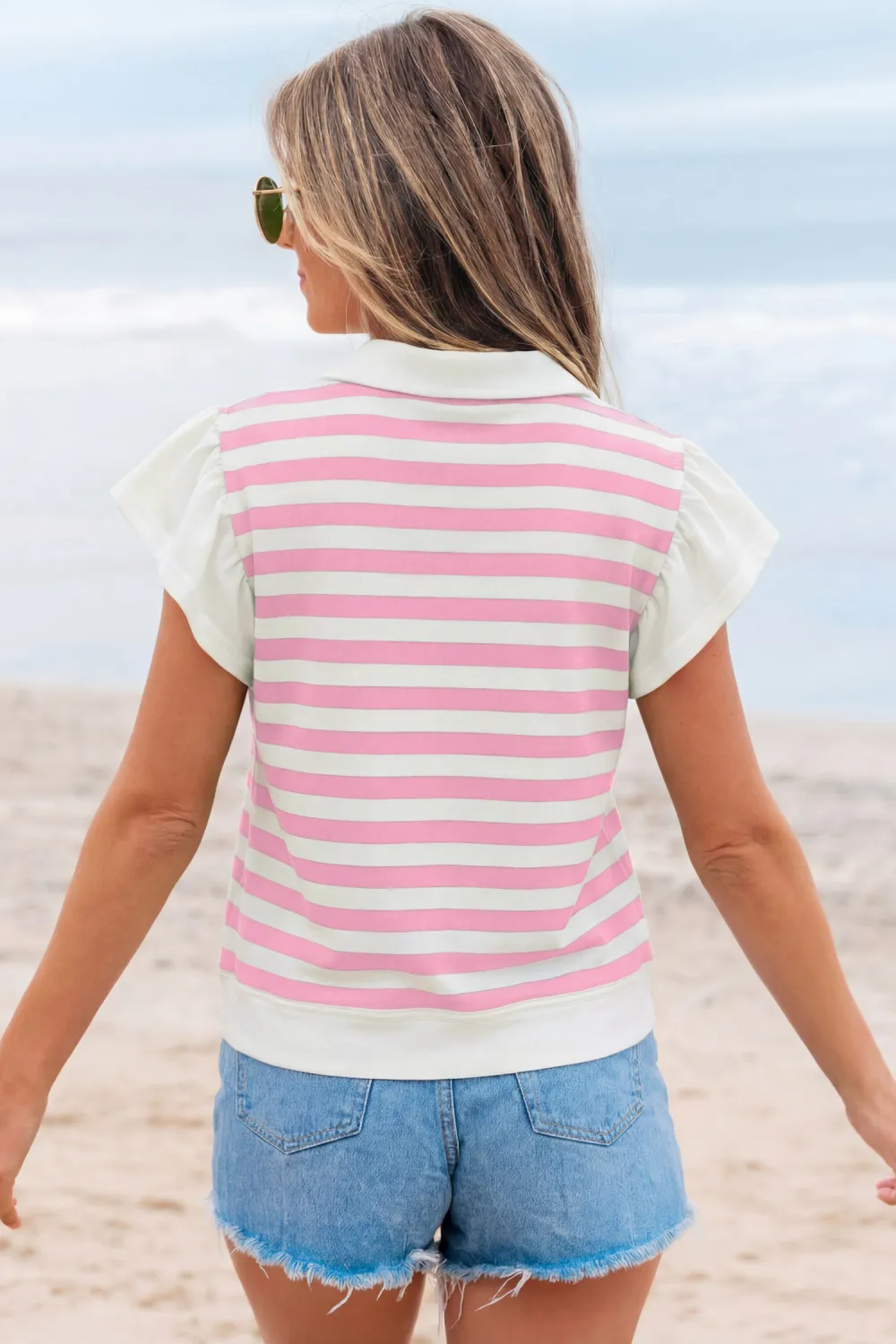 Pink Stripe Collar V Neck Blouse