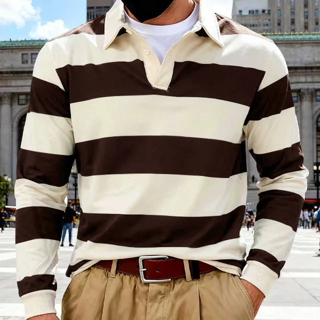 Ribbed Striped Button Placket Cotton Polo Shirt