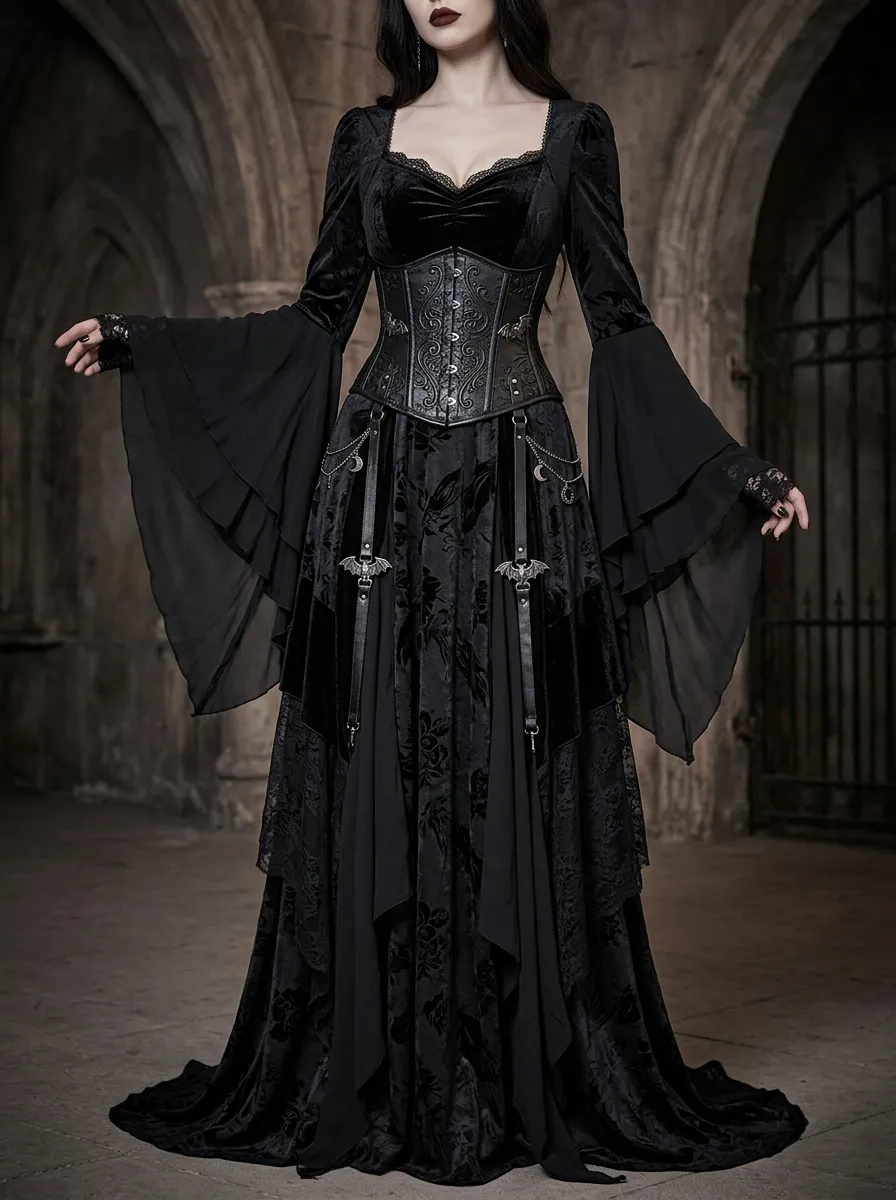 Midnight Bat Corset Bell Sleeve Silhouette Women's Gothic Dress