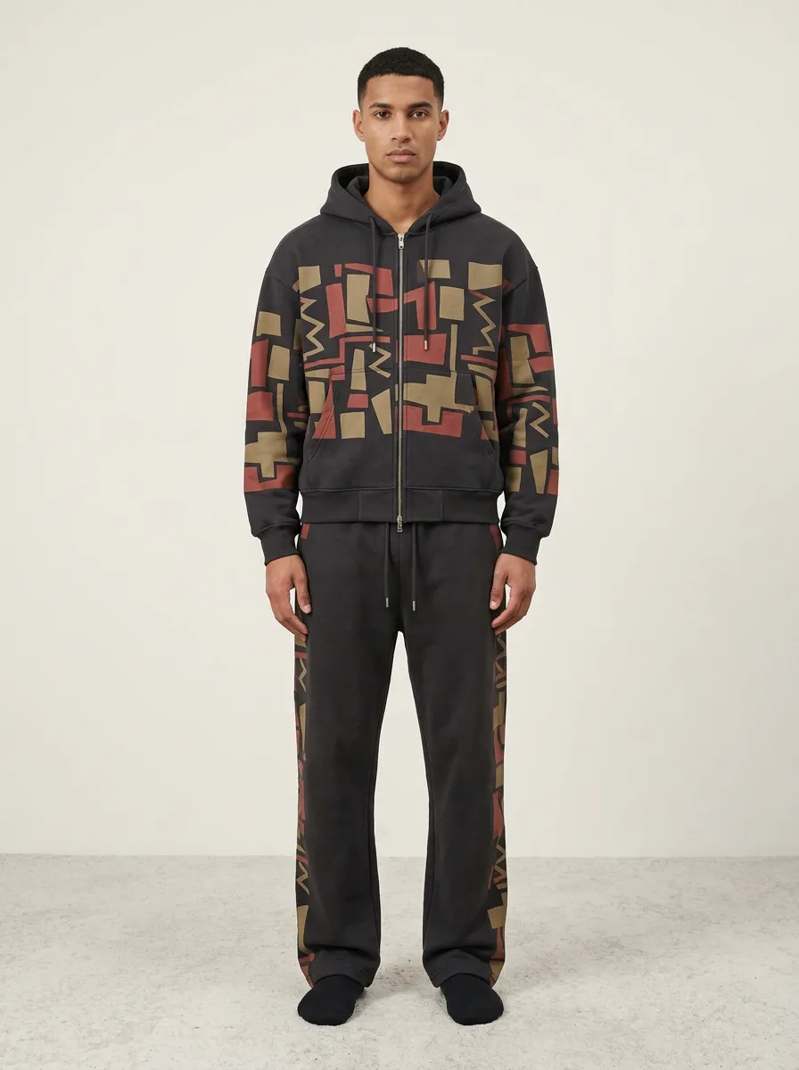 Men's Geometric Pattern Printed Zip-up Hoodie Jogger Set Everyday Design
