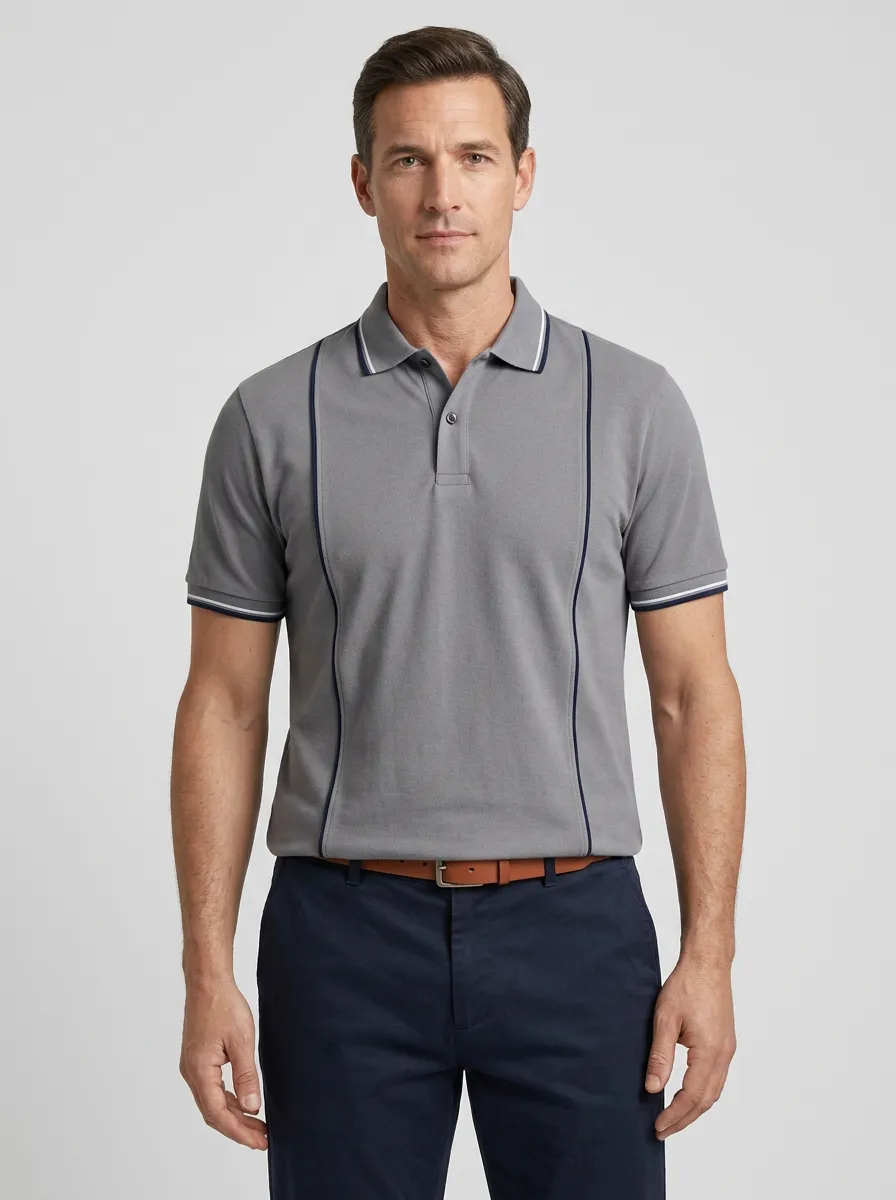 Men's Casual Business Grey Contrast Piping Printed Polo Shirt