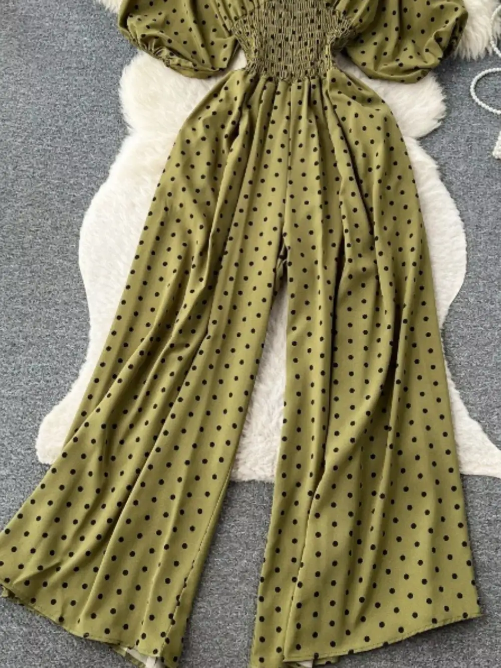 Smocked V Neck Wide Leg Jumpsuit