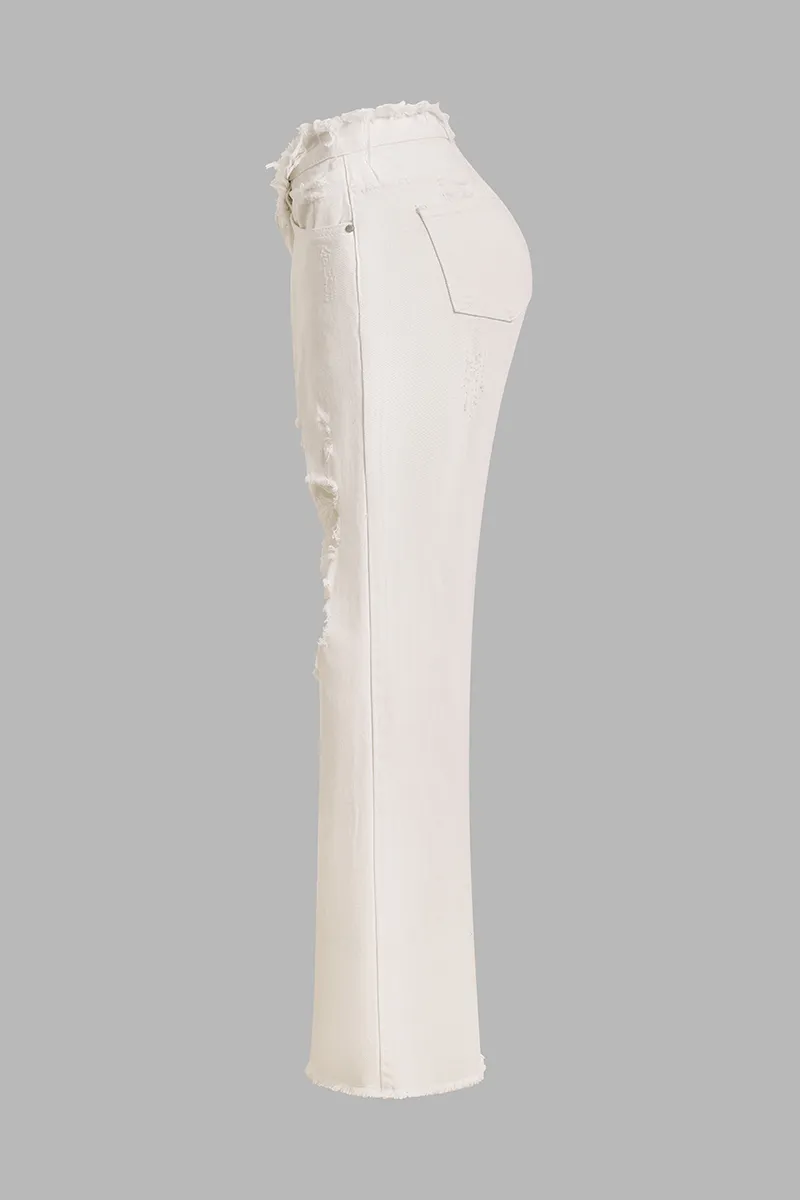 Mid Waist Ripped Raw Hem Flare Jeans