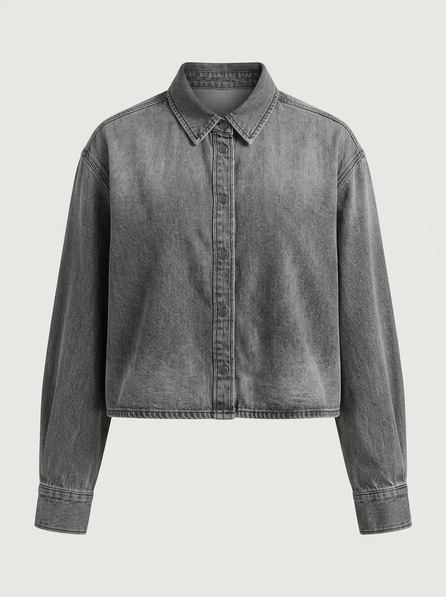 Women's Casual Grey Washed Denim Button Down Shirt