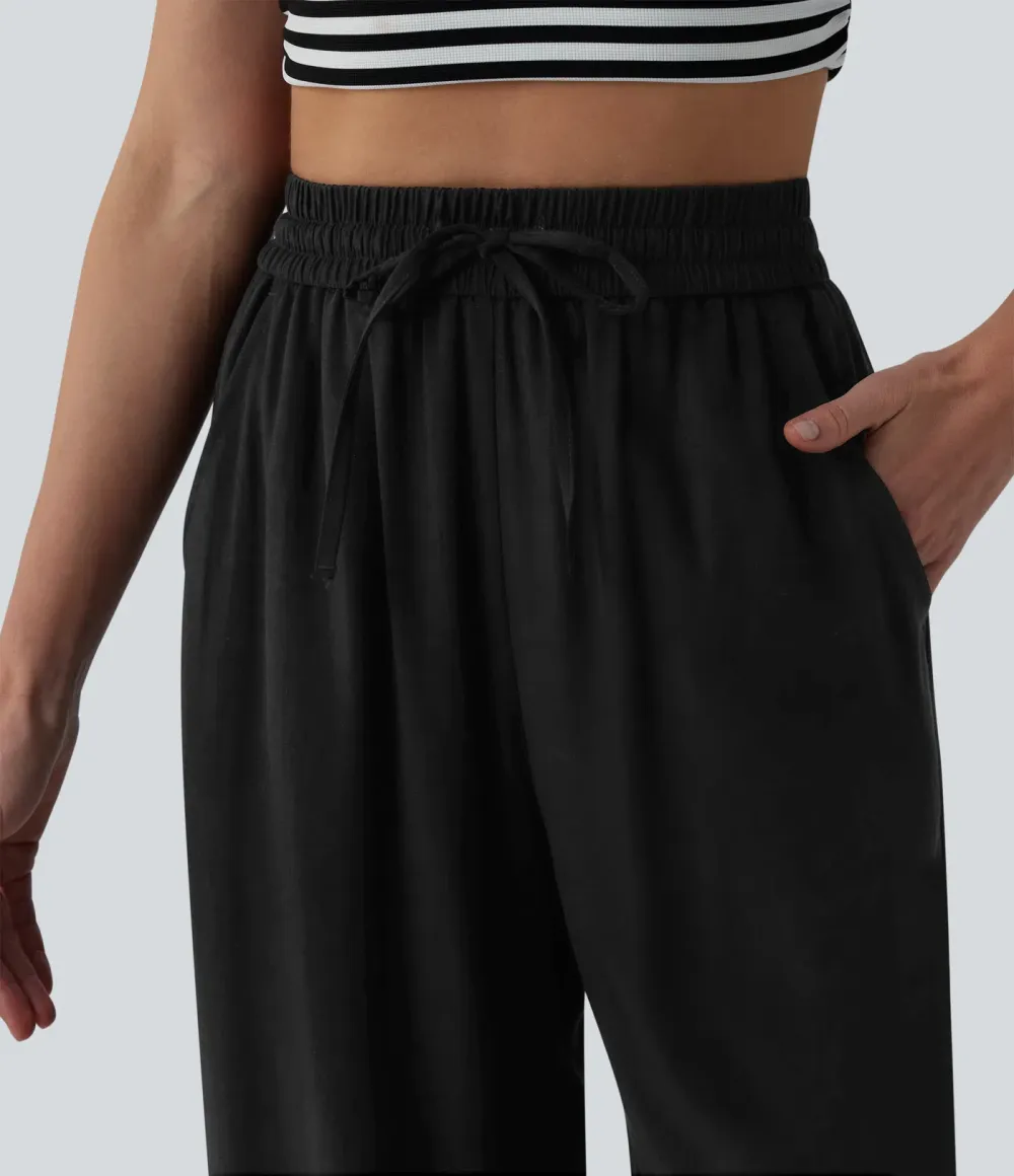 2026🔥High Waisted Drawstring Wide Leg Casual Linen-Blend Trousers with Pockets