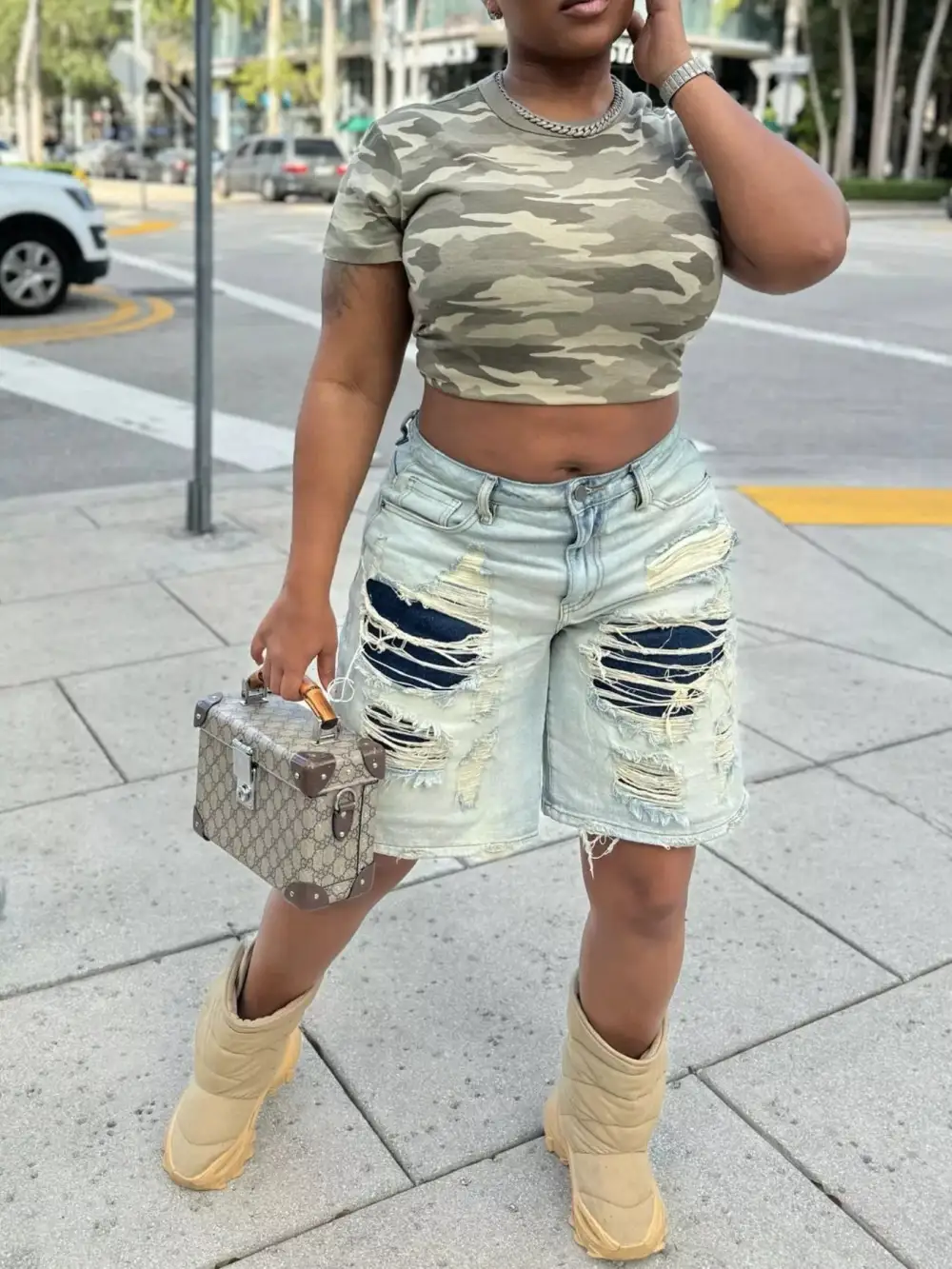 Raw-Hem Distressed Bermuda Cotton Denim Shorts