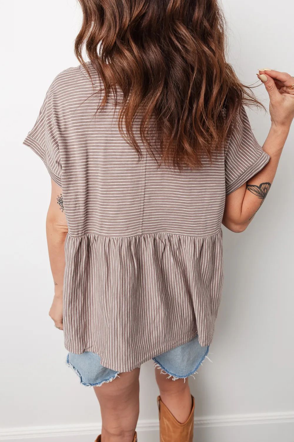 Khaki Stripe Buttoned V Neck Tee