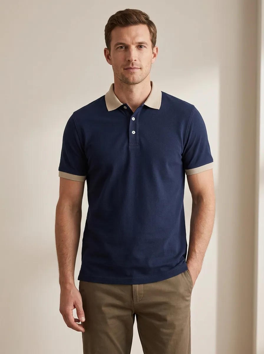 Men's Navy Blue Contrast Beige Collar Printed Polo Shirt