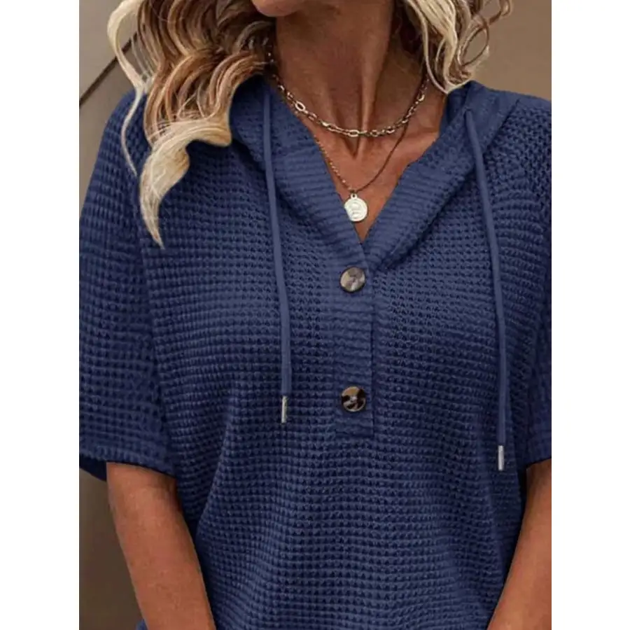 Waffle Knit Hooded Short Sleeve Blouse