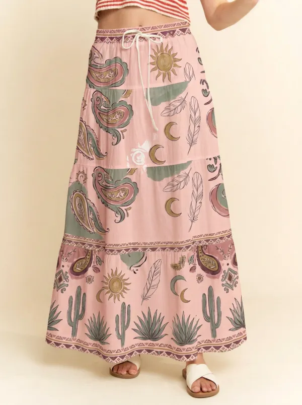 Women's Celestial Boho Paisley Cactus Graphic Maxi Skirt