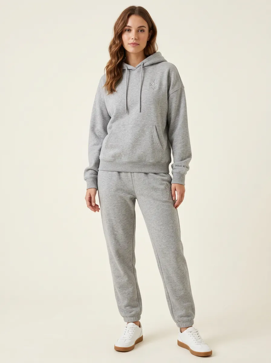 Women's Minimalist Floral Embroidered Grey Hoodie & Jogger Set