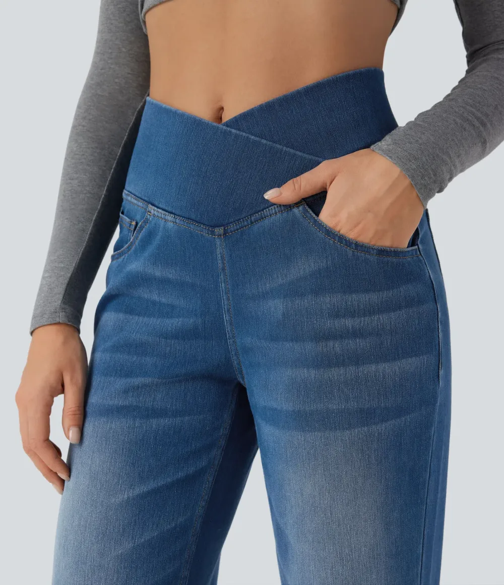 High-waisted, relaxed, crossover straight-leg jeans with  pockets