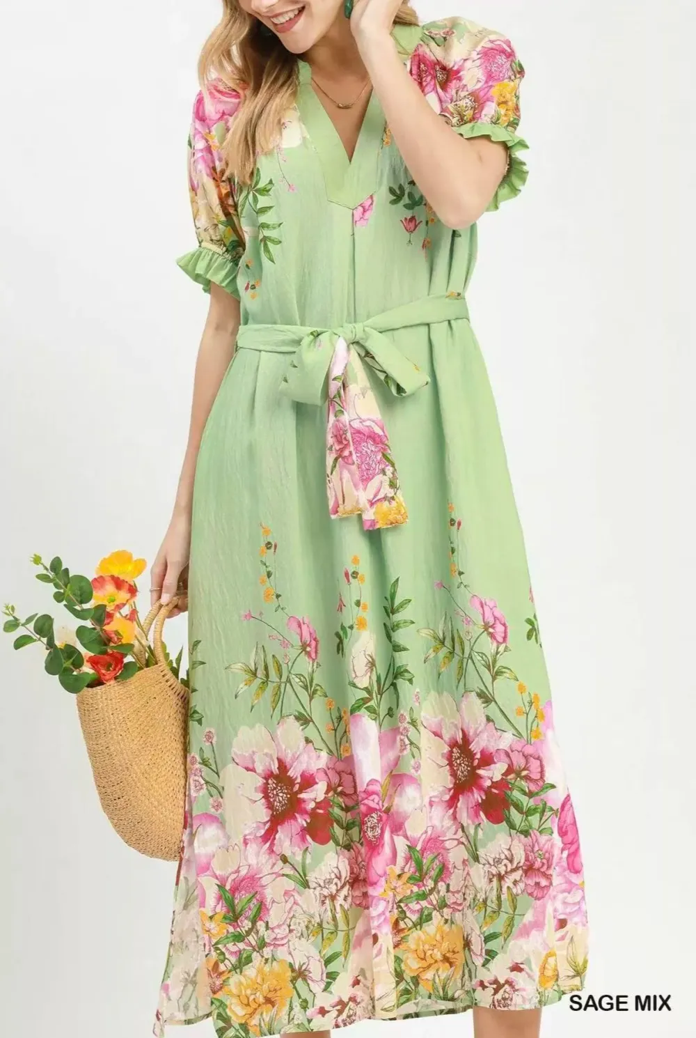 Floral Print Belted Pocketed Midi Dress