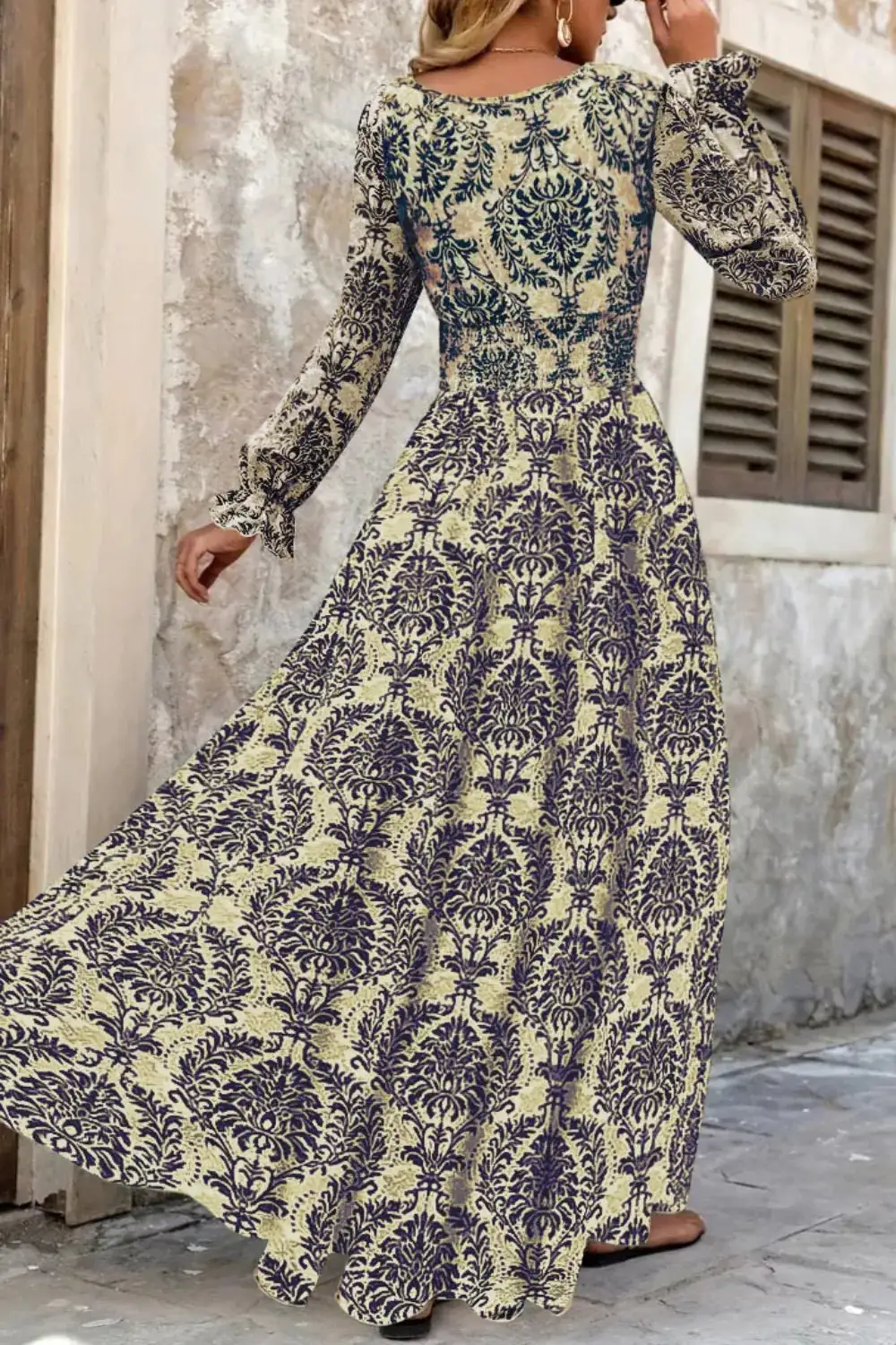 Printed V Neck Long Sleeve Maxi Dress