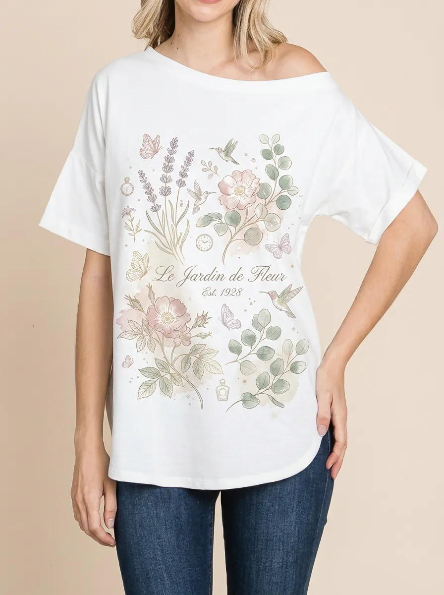 Women's Botanical Garden Hummingbird Floral Printed T-shirt