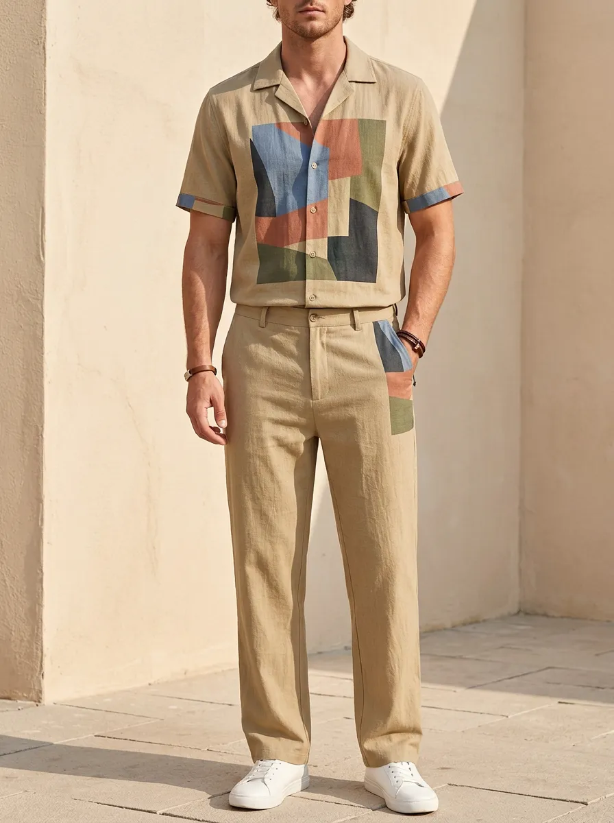 Men's Geometric Abstract Colorblock Printed Casual Set