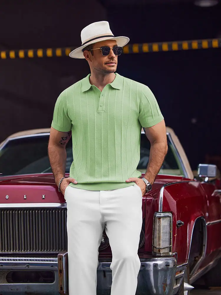 Ribbed Textured Knit Polo Shirt