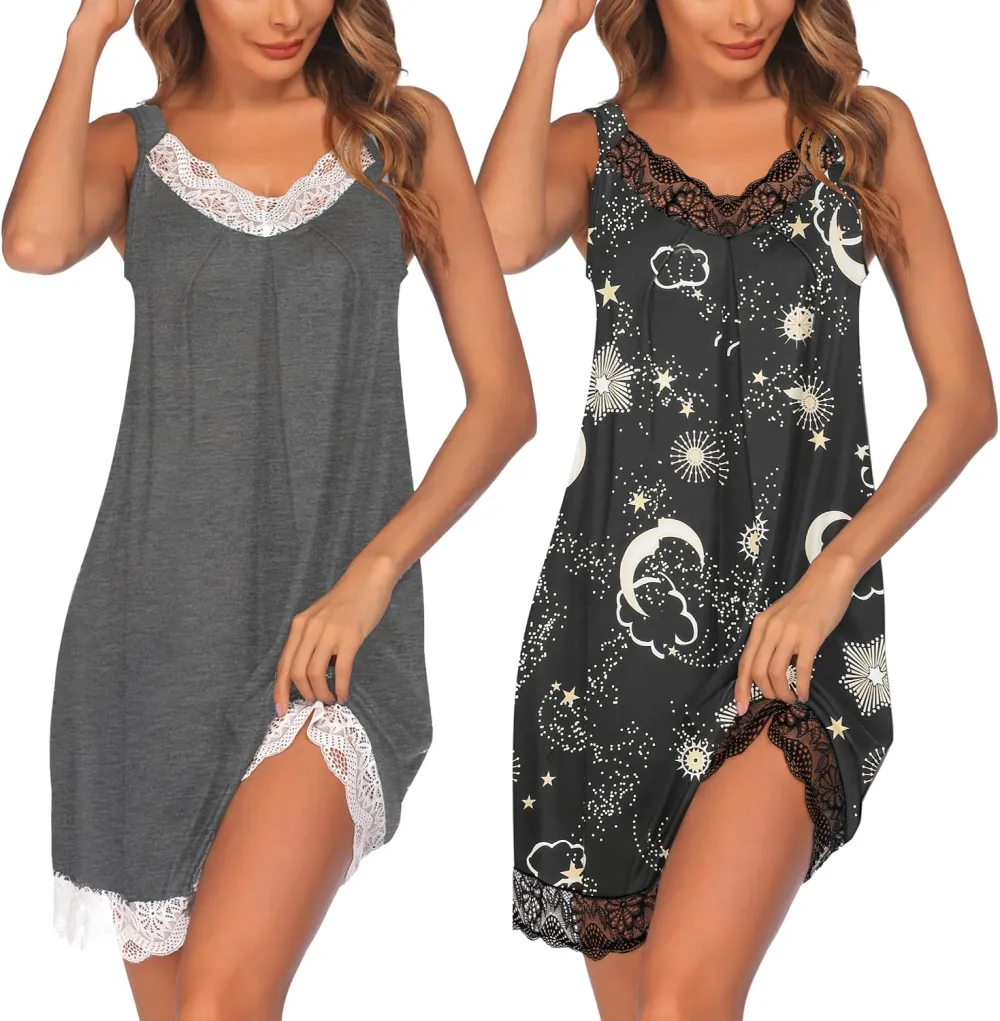 Ekouaer 2 Pack Night Gowns for Adult Women V Neck Lace Sleeveless Sleepwear