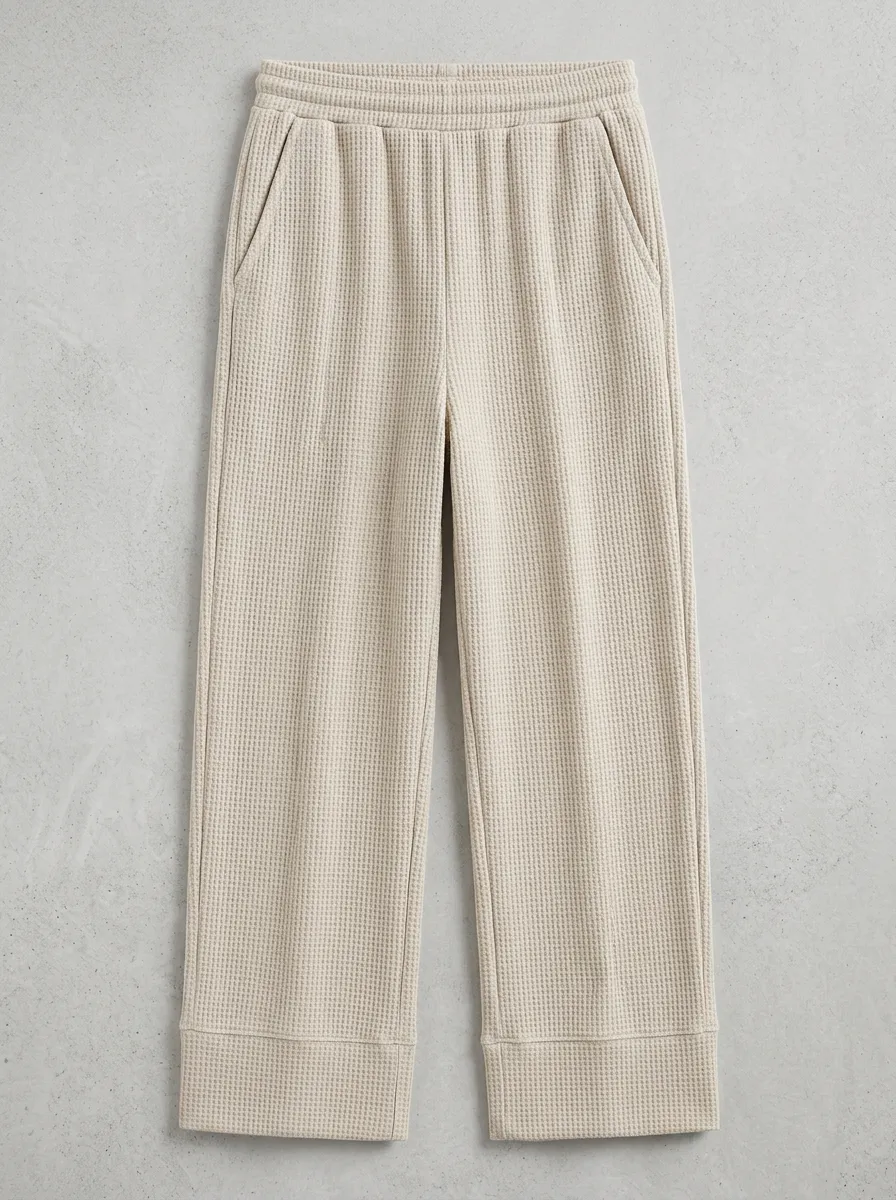 Unisex Casual Beige Waffle Knit Elastic Waist Lounge Pants for Daily Wear